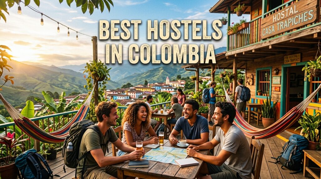 Travelers relaxing on a hostel terrace with hammocks over a Colombian mountain town — best hostels in Colombia