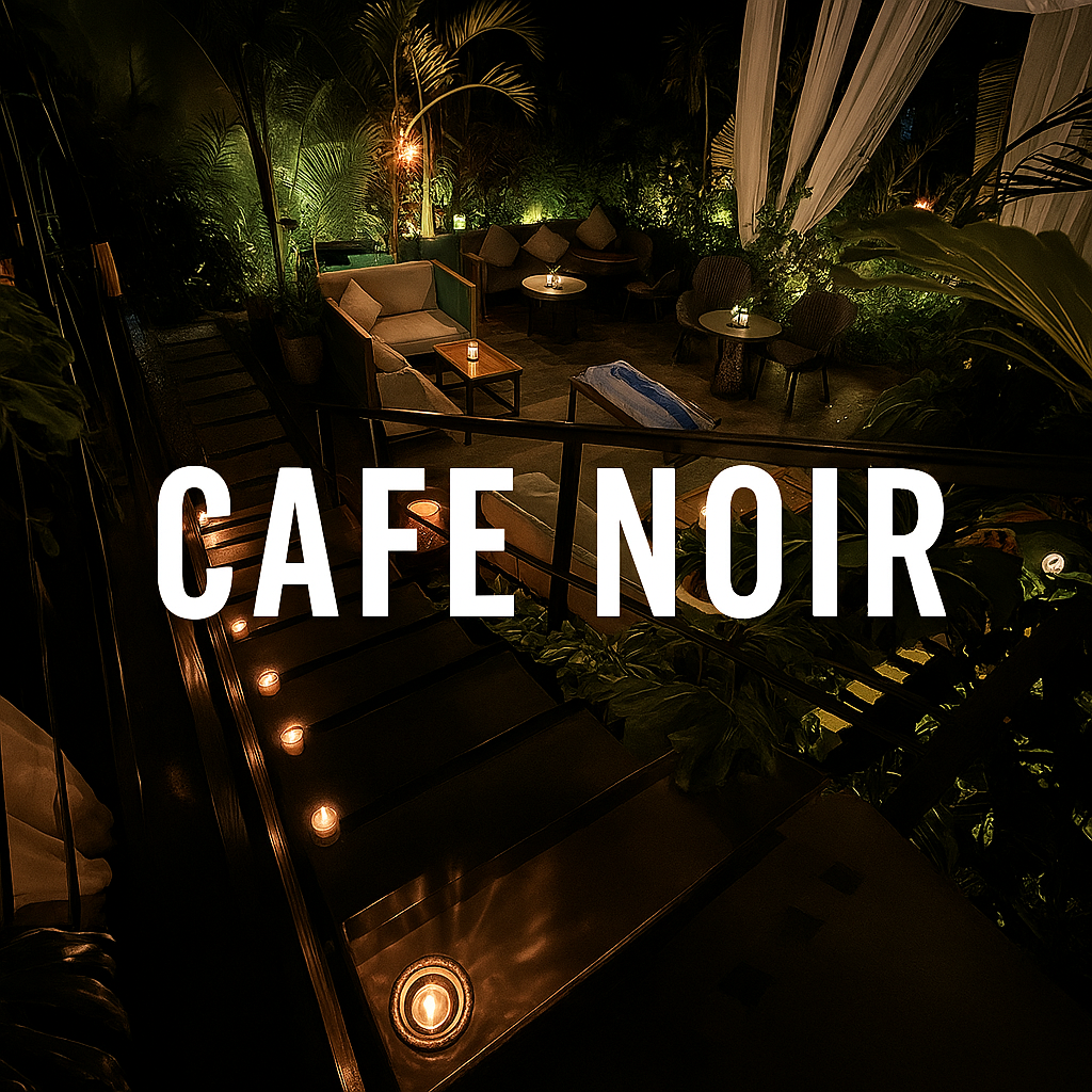 Nighttime outdoor lounge with candles lining a wooden staircase, cushioned sofas under white drapes, and lush tropical foliage in the background.