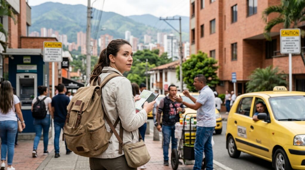 An alert female solo traveler with a backpack looks over her shoulder on a busy street in Medellín, Colombia, near a yellow taxi and an ATM, illustrating a travel scam survival guide.