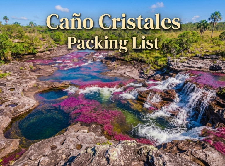 Caño Cristales packing list featured image showing rainbow river with pink red and blue Macarenia clavigera Colombia