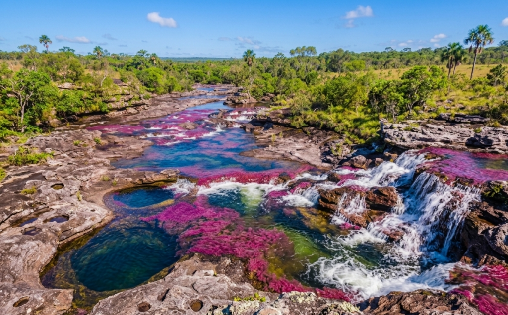 Caño Cristales Colombia rainbow river showing pink red and blue colors from Macarenia clavigera plant in Serranía de la Macarena national park