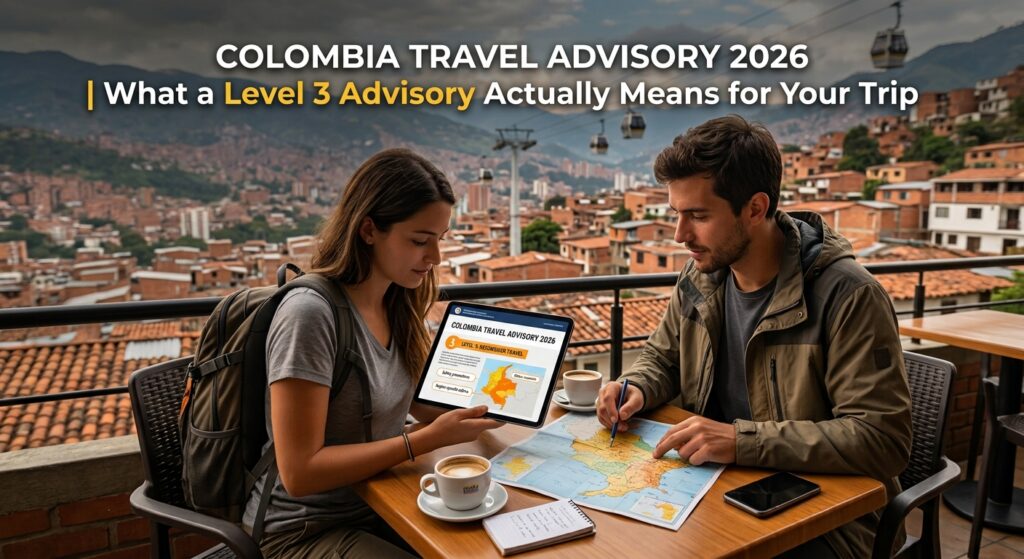 Two travelers at an outdoor cafe in Colombia reviewing a map and a tablet displaying a Level 3 travel advisory.
