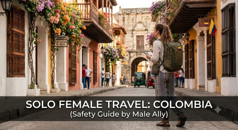 Solo female traveler with backpack and map in Cartagena's Walled City — Colombia solo female travel safety guide