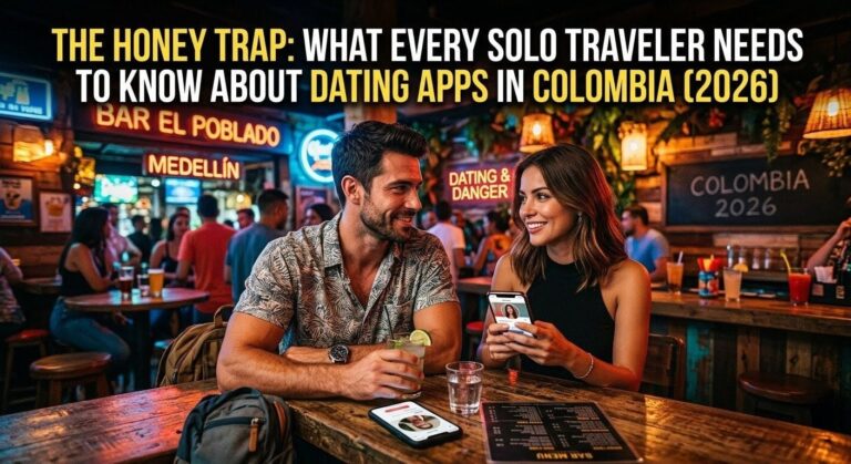 Man and woman at a bar in El Poblado Medellín with dating app open on phone — Colombia solo traveler safety guide