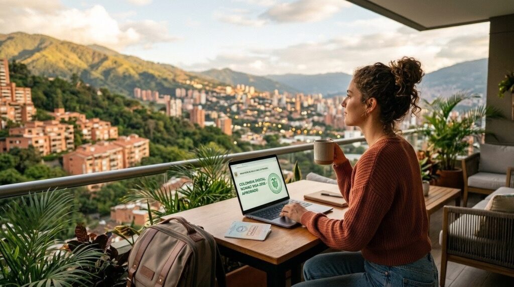 Remote worker on a Medellín apartment balcony with Colombia digital nomad visa approval on laptop, city and mountains in background