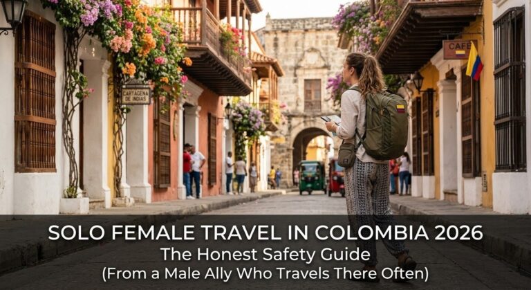 Solo female traveler with backpack walking through Cartagena's Walled City — Colombia solo female travel safety guide 2026