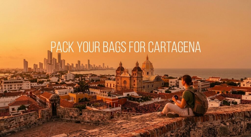 Solo traveler watching the sunset over Cartagena's old city and skyline from the fort walls