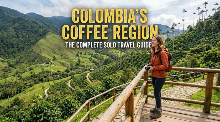 Solo traveler at a viewpoint over Colombia's Coffee Region with towering wax palms and green coffee hills