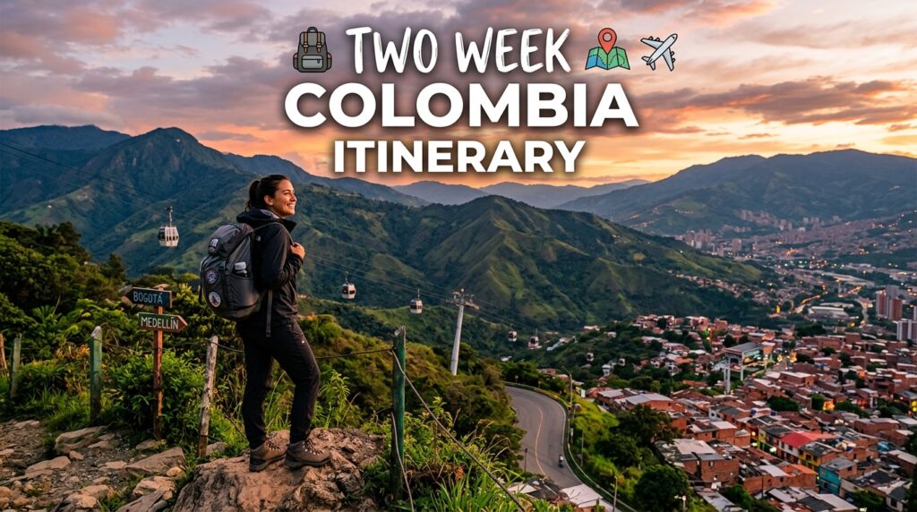 Traveler with backpack overlooking Medellín's metrocable and hillsides at sunset — two week Colombia itinerary