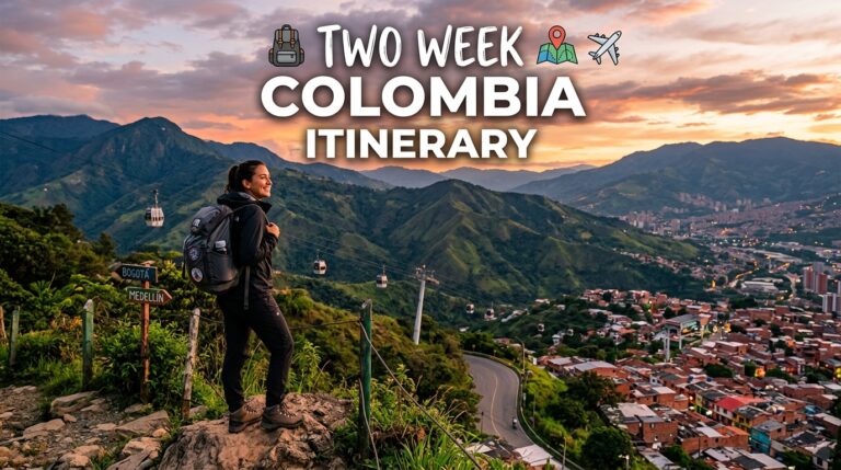 Traveler with backpack overlooking Medellín's metrocable and hillsides at sunset — two week Colombia itinerary