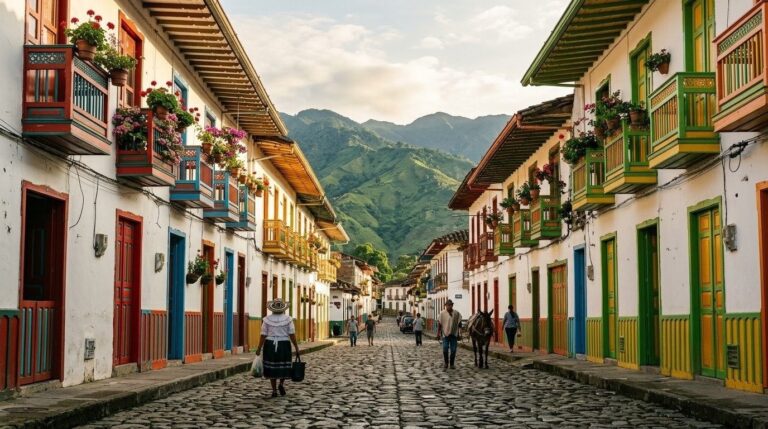 Colorful colonial street with painted balconies and coffee mountains in a small Colombian town