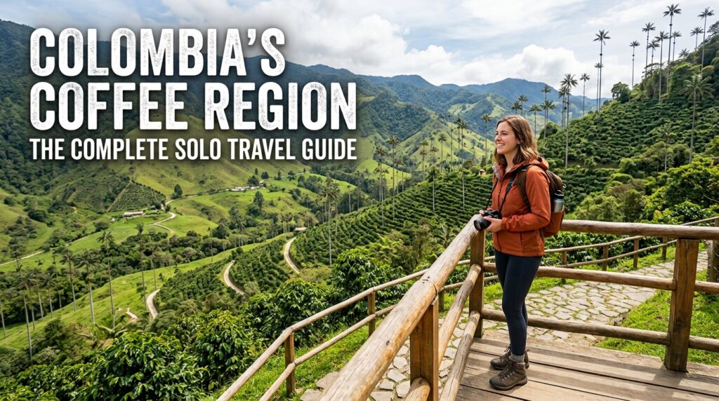 Solo traveler at a viewpoint over Colombia's Coffee Region with towering wax palms and green coffee hills