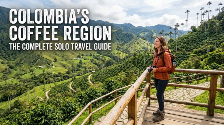 Solo traveler at a viewpoint over Colombia's Coffee Region with towering wax palms and green coffee hills