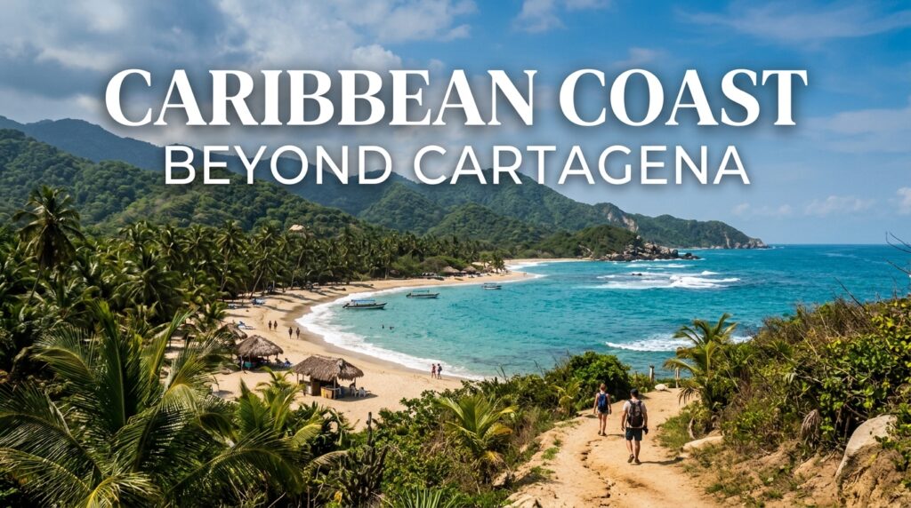 Jungle-backed Caribbean beach and turquoise water on Colombia's coast beyond Cartagena, hikers on the trail