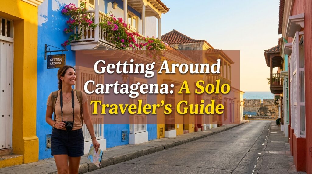 Getting around Cartagena Colombia as a solo traveler, featuring the colorful streets of the historic Walled City and local transportation options.
