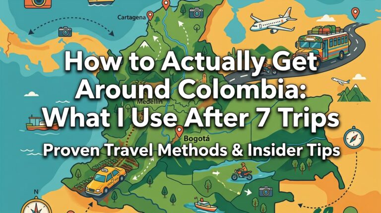 Illustrated map of Colombia showing transportation options including flights, buses, taxis, and motorcycles between Cartagena, Medellín, Bogotá, and Salento.