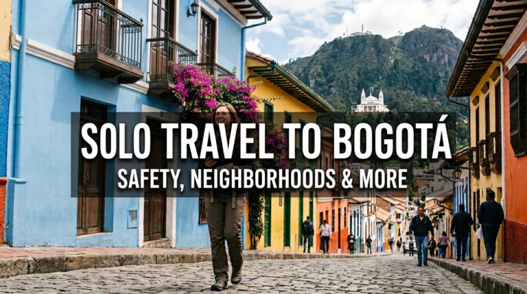 Solo traveler walking a colorful cobblestone street in La Candelaria, Bogotá, with Monserrate mountain behind