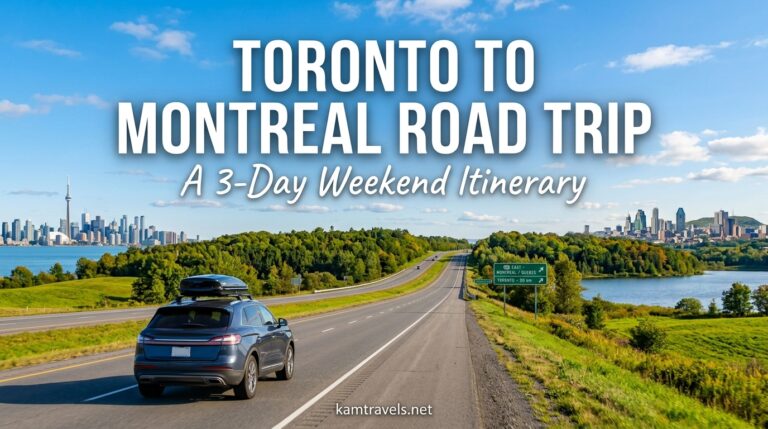 SUV on the highway between the Toronto and Montreal skylines — Toronto to Montreal road trip weekend itinerary