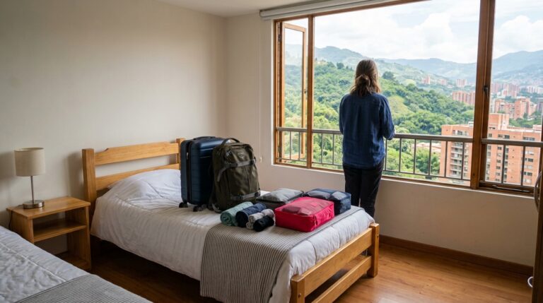 Hard-shell carry-on and travel backpack with rolled clothes on a bed in a bright Medellín hostel room