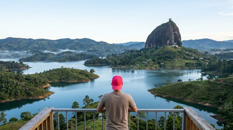 Solo traveler on a hotel balcony looking over the Guatapé reservoir toward El Peñol rock in the early morning