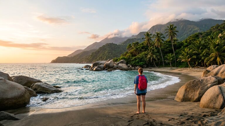 Solo traveler with a red backpack standing on a boulder-lined beach near Tayrona National Park, with jungle-covered mountains at sunset