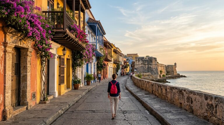 Solo traveler with only a red day pack walking through Cartagena's colourful old town