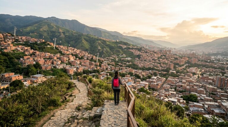 Solo traveler with a red day pack looking over Medellín's valley at golden hour
