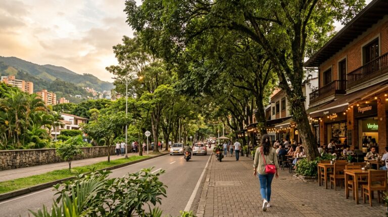 Solo traveler in jeans and a light jacket walking a leafy street in El Poblado, Medellín